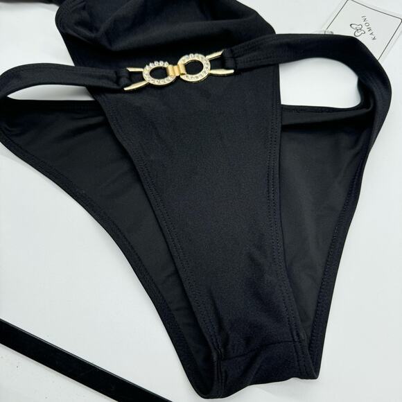 NWT KAMONI Blk Plunge Belted Cut Out Back Tie High Cut Cheeky One Pc. Swimsuit M - Picture 7 of 16